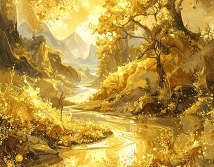 Golden landscape with a winding river.  Sunlight bathes a lush, gold-hued valley, dotted with trees and rocks.  A gentle river reflects the light