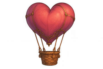 Heart shaped hot air balloon flying, symbolizing love, romance, valentine's day, and adventure in fantasy illustration