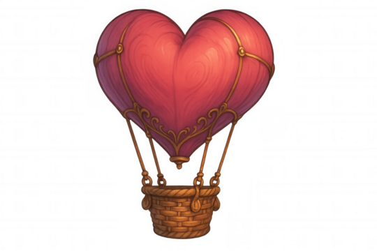 Heart shaped hot air balloon flying, symbolizing love, romance, valentine's day, and adventure in fantasy illustration