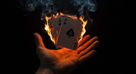 Hand holding burning ace cards with smoke on a dark black background