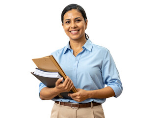 t - Smiling Female Legal Assistant with Clipboard and Files Isolated on Transparent Background.