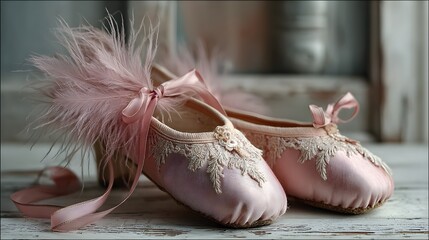 Two pink ballet slippers with ribbons on them. The slippers are decorated with feathers and lace