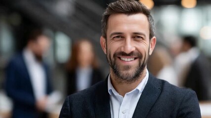 Confident Professional: A charismatic man exudes professionalism and leadership with a warm smile in a bustling office environment, inspiring trust and capability.