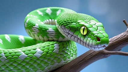 Fototapeta premium A bright green snake with white markings coils around a branch, displaying detailed scales and texture against a soft, abstract blue background in close-up view.