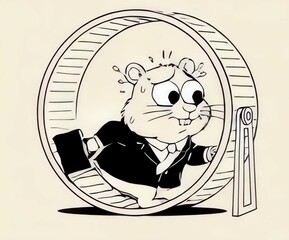 Business Hamster -,Running on Wheel in Suit and Tie, animation in monochrome ,corporate rat race, 9 to 5 Grind, Office Hustle

