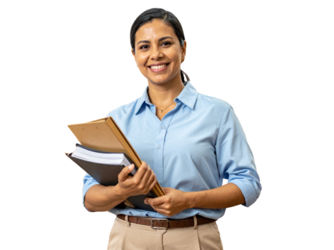 t - Smiling Female Legal Assistant with Clipboard and Files Isolated on Transparent Background.