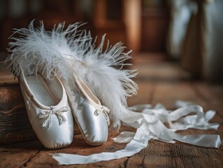 Two white ballet slippers with feathers on the toe are on a wooden surface. The slippers are arranged in a way that they are facing the camera, and the feathers are visible on the toes