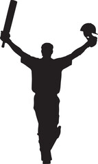 Silhouette of a cricket player swinging a bat and ball.
A black silhouette of a cricket batsman in mid-swing, captured against a white background. The player is wearing protective gear.
