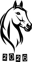 Horse Head Symbol of 2026 Year – Black and White Vector Illustration
