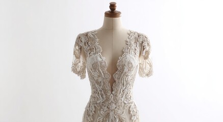Fototapeta premium A wedding gown with a plunging neckline, intricate lace, and short sleeves, on a mannequin