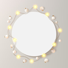 Round white photo frame on light bd. Festive Christmas luxury light bulb, garland shine and glow. Decorated picture mock up, ramadan shine bright star sting. Holiday post template, magic fairy gallery