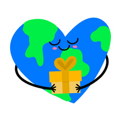 Cute Earth Heart Mascot Holding Gift Box. Happy World Kindness Day Vector Illustration of Giving and Charity.