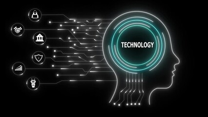 Futuristic digital brain illustration with glowing neural circuits and interconnected icons representing technology, artificial intelligence, and advanced innovation in modern computing systems. - Powered by Adobe