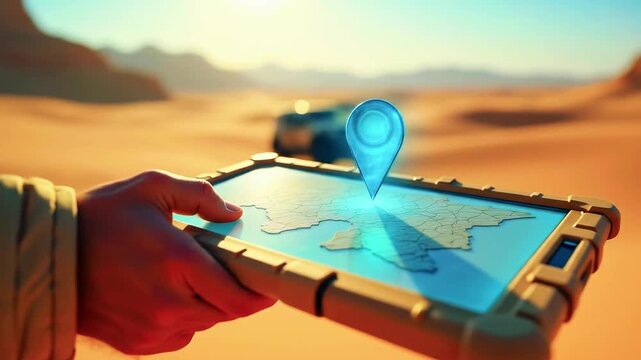 A hand holds a tablet displaying a map with a glowing location marker in a desert setting