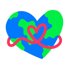World Kindness Day Vector Art. Earth Heart Embraced by Red Love Ribbon