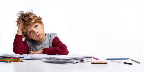 Primary school student sitting at desk doing homework seriously,copy space,clipart,banner.
