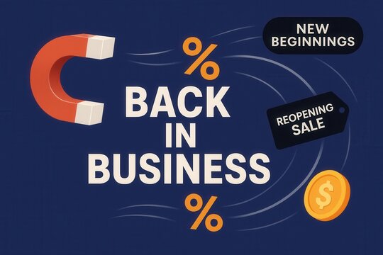 Promotional banner featuring BACK IN BUSINESS and REOPENING SALE with NEW BEGINNINGS, vibrant graphic style, engaging retail discount offer.
