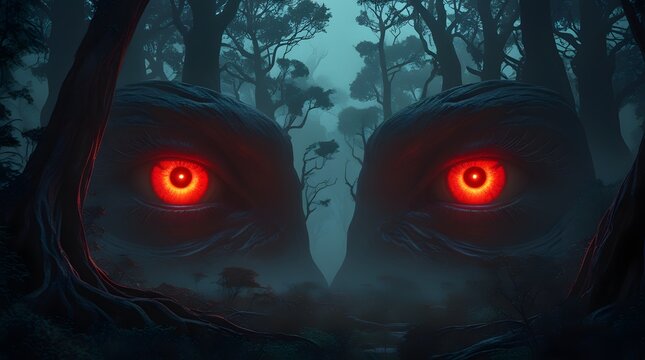 Mysterious glowing red eyes in a dark eerie forest