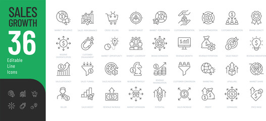 Sale Growth Line Editable Icons set. Vector illustration in modern thin line style of marketing related icons: profit, revenue, strategy, and more. Isolated on background