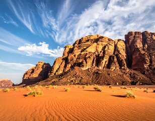 Desert landscape with towering rock formations and blue sky
