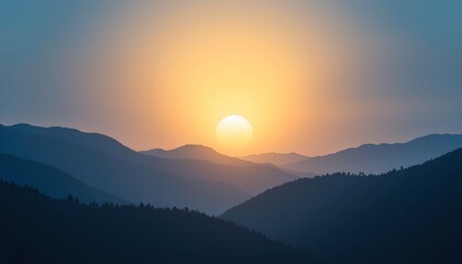 Obraz premium A sunrise or sunset scene with a view of a mountain range and valley in the distance under a sky that appears to be either dawn or dusk