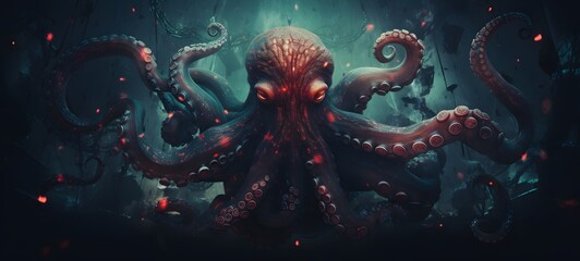 Obraz premium Pointillist grunge design of Medusa kraken with abstract dotted pattern,generative AI