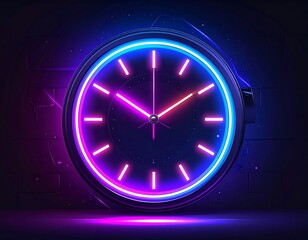 Neon clock glows on dark background