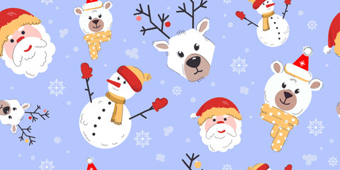 Winter Seamless pattern with Santa Claus, snowman, reindeer, and polar bear on blue with snowflakes for holiday wrapping paper, kids clothing, festive packaging, cards, and winter designs. Vector