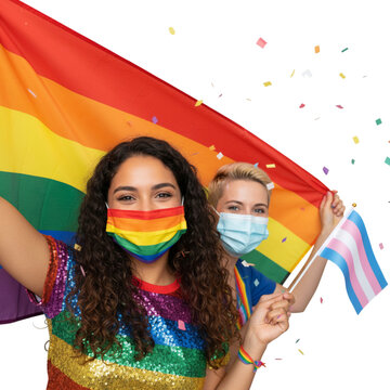 Joyful diverse women celebrate LGBTQ+ pride with rainbow flags and masks, embodying unity and hope during festive confetti shower