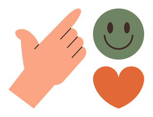 Open hand snapping fingers near green smiling face and orange heart. Ideal for motivation, success, teamwork, encouragement, positivity, well-being, emotional health. Minimalist flat metaphor