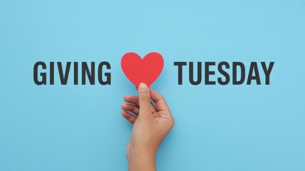 Giving tuesday concept with heart in hand on blue background, donation and care