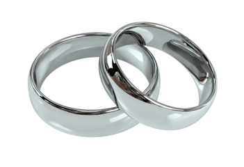 Two overlapping wedding rings, polished silver