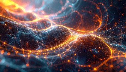 Naklejka premium Glowing digital network of connected data points and lines forming a dynamic, abstract composition,
