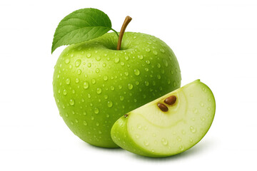 Fresh green apple with leaf and wet slice showing water drops, healthy eating and natural freshness concept