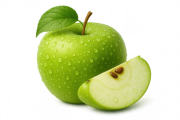 Fresh green apple with leaf and wet slice showing water drops, healthy eating and natural freshness concept