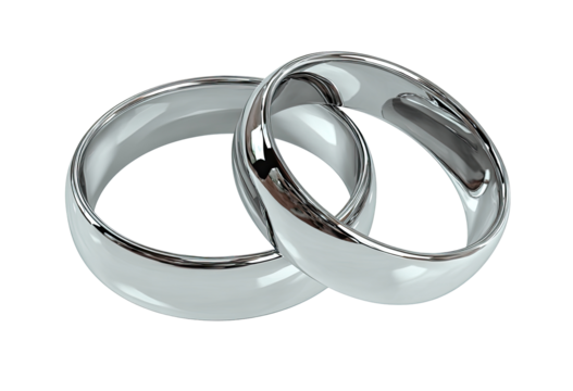 Two overlapping wedding rings, polished silver