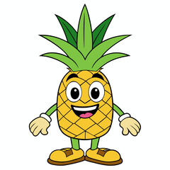 Illustration of a cartoon pineapple character with a cheerful expression standing on yellow shoes