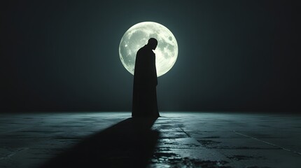 Lone silhouette stands before a luminous full moon casting a long shadow