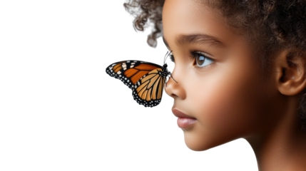 Close-up portrait of beautiful girl with butterfly on face, natural beauty concept on transparent background