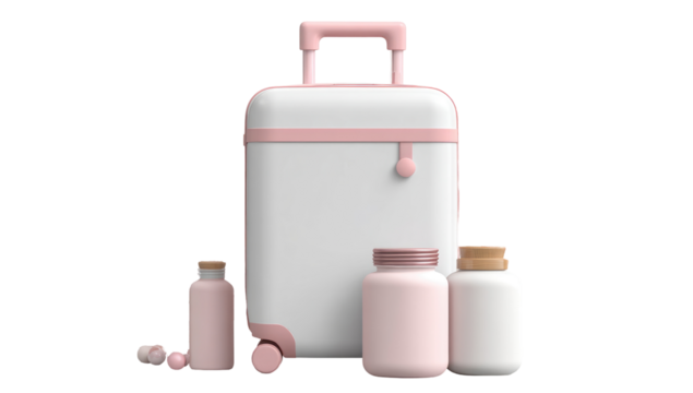 White suitcase with pink accents and travel accessories