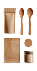 Beige paper pouches, wooden spoons, & jar