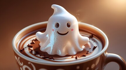 Adorable ghost marshmallow floats in a warm cup of hot chocolate