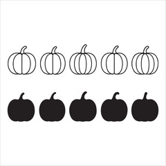 This image displays two rows of five pumpkins each. The top row features five outline drawings of pumpkins, while the bottom row shows five solid black silhouette pumpkins. The pumpkins are identical 