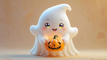 Adorable kawaii ghost holding a glowing jack o lantern for halloween