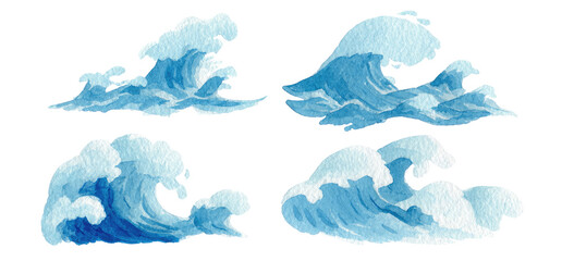 Four stylized, light blue water waves