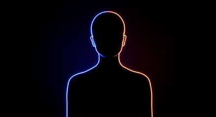 Luminous outline of a human silhouette, vibrant neon glow splitting blue and orange hues, representing digital identity and abstract human presence in a dark, mysterious space