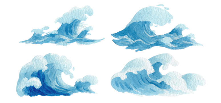 Four stylized, light blue water waves