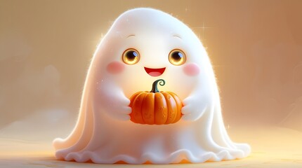 Adorable cute ghost holding a small pumpkin with a warm glow