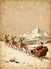 Vintage - Style Santa Claus Reindeer Sleigh Group Warm Christmas Scene Elements