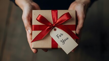 A neatly wrapped gift box, tied with a radiant red ribbon, is presented with care and anticipation now.